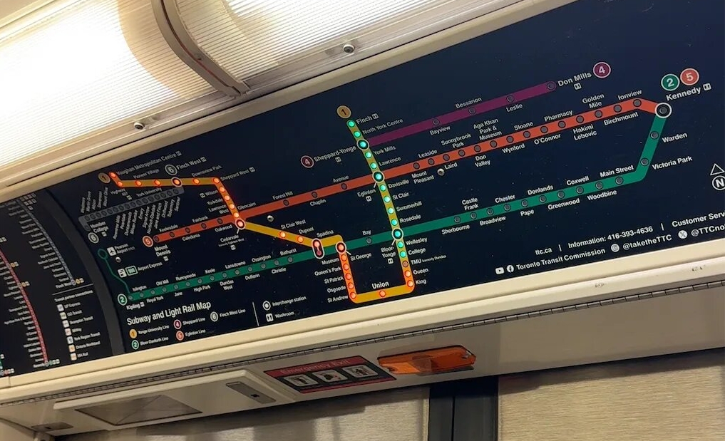 A public transport map of the TTC on a subway