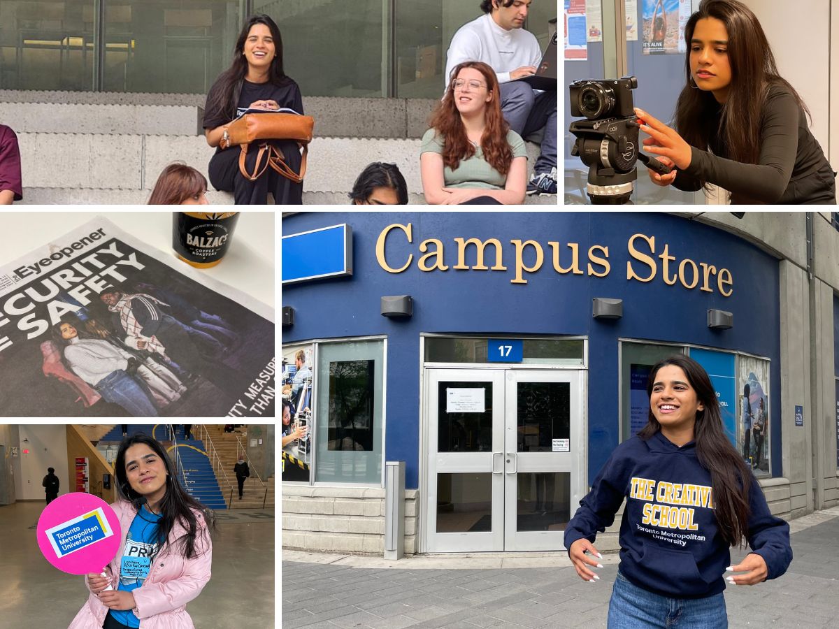 A collage of five images of Apurba around the TMU campus. Left side of the collage includes Apurba during campus tours, and on a newspaper page. The top on the collage has Apurba sitting with friends in front of the SLC and Apurba holding a camera. The bottom of the collage has Apurba in front of the campus store wearing The Creative School merchandise..