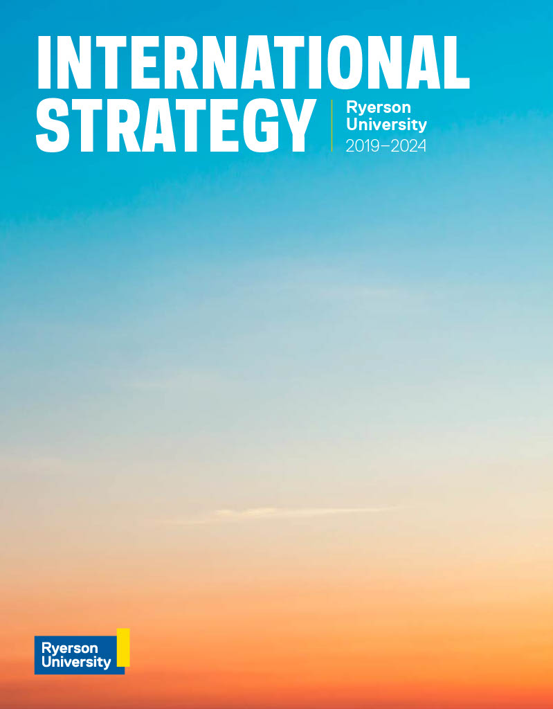 Cover of the International Strategy plan with a gradient blue to orange background