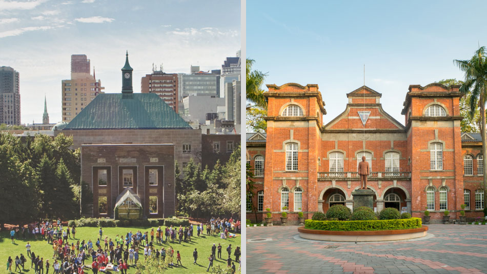 Two photographs depicting university buildings representing the joint efforts of TMU and it's partner institutions.