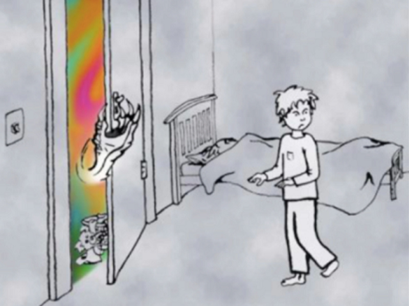 Poster includes an image of a child in their bedroom looking back while walking toward their open closet door. Inside the closet seems to be illuminated with beautiful colours. A creature's hand appears to be reaching out of the closet in a luring manner.. 