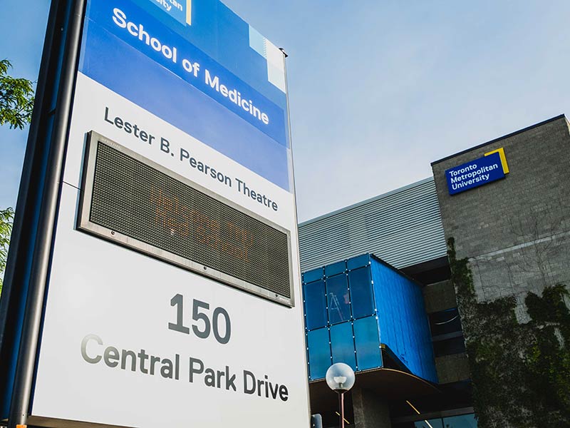 A close up view of the Brampton campus entrance of the building.