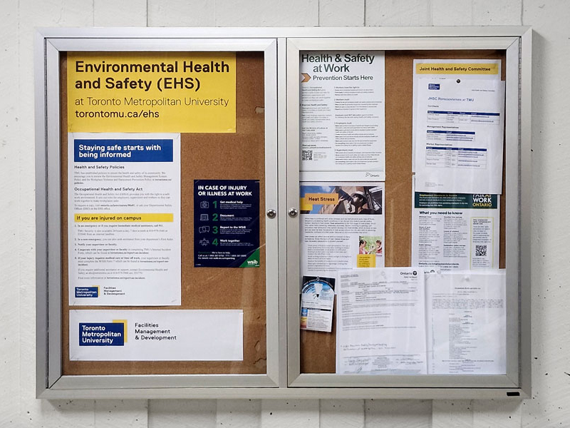 Employee health and safety bulletin board that contains mandatory information to be made available and posted.