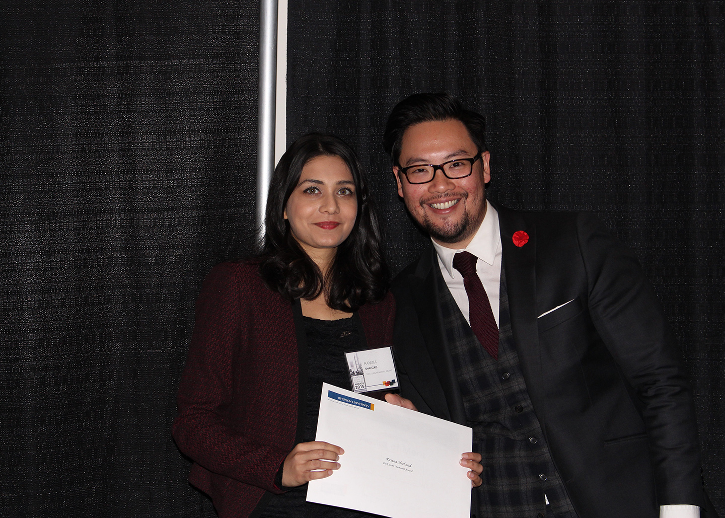 2015 winner Ramna Shahzad with Awards committee member Adrian Ma.