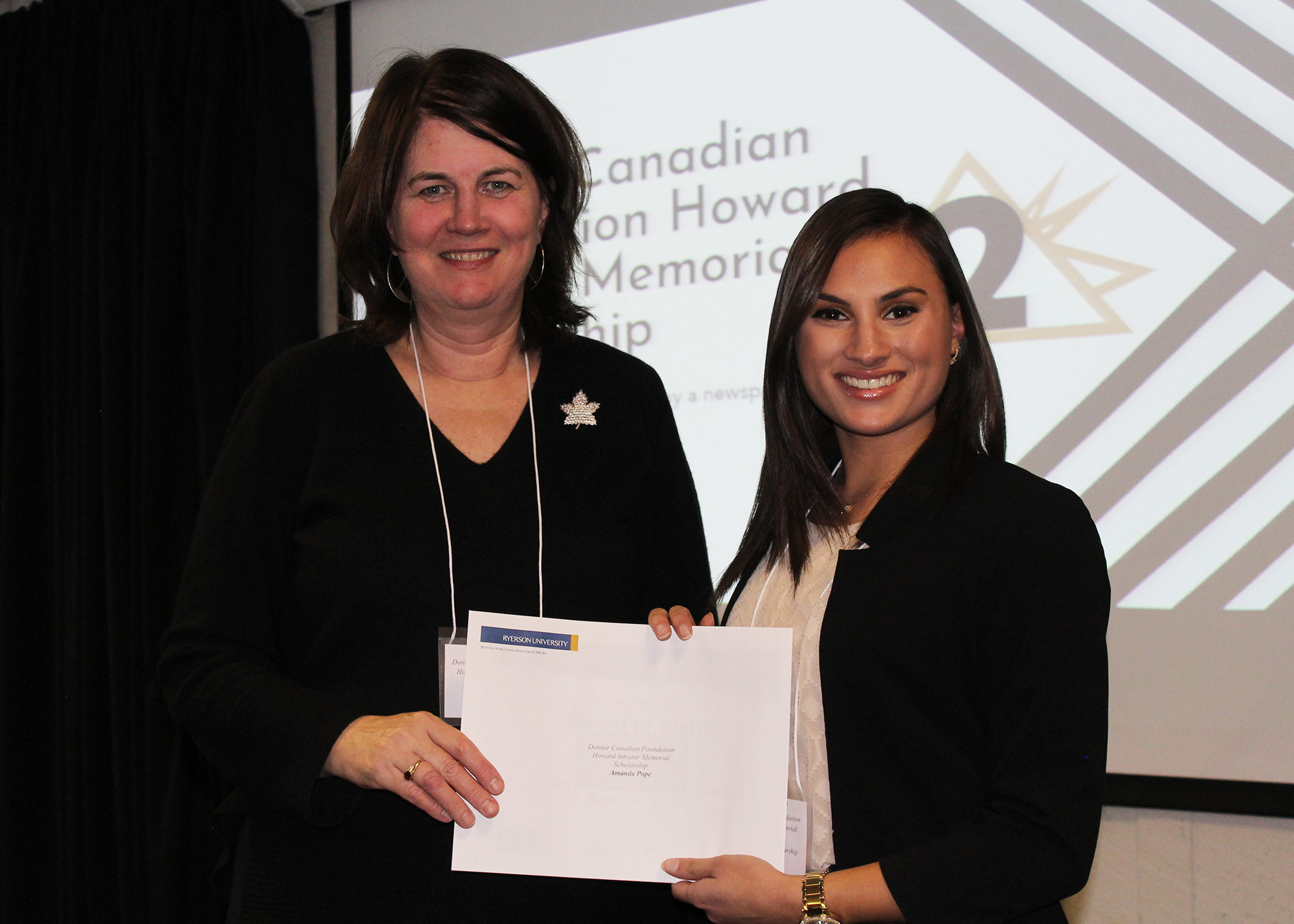 Donner Canadian Foundation Howard Intrator Memorial Scholarship presenter Helen McLean with award recipient Amanda Pope.