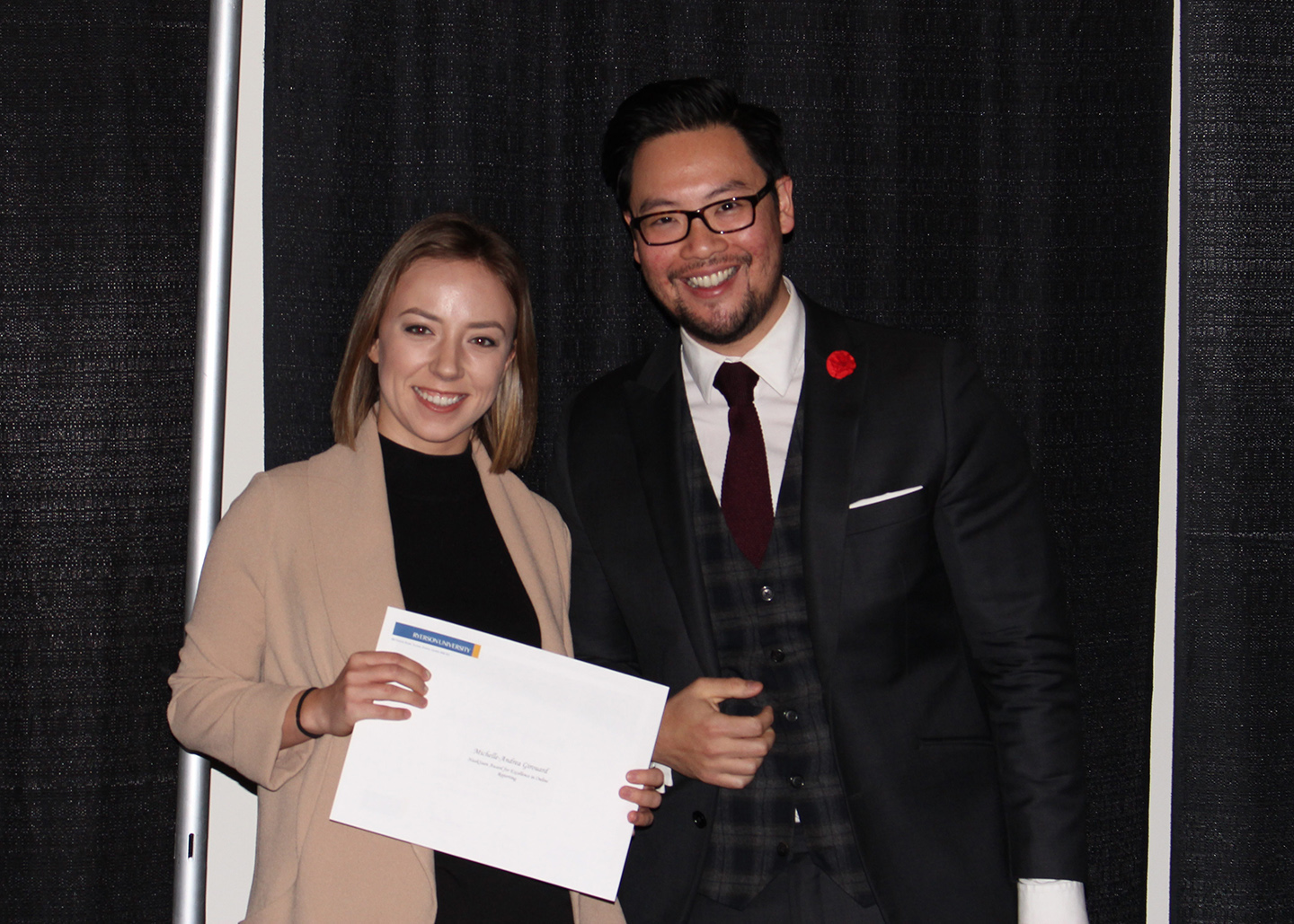 2015 winner Michelle-Andrea Girouard with Awards committee member Adrian Ma.