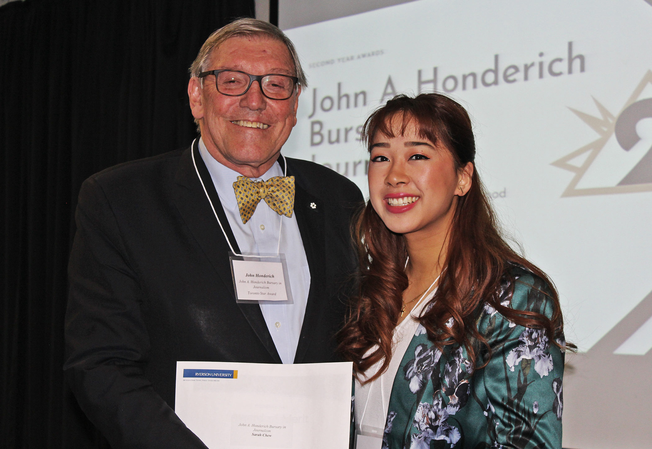 John A. Honderich Bursary in Journalism presenter John A. Honderich with recipient Sarah Chew.