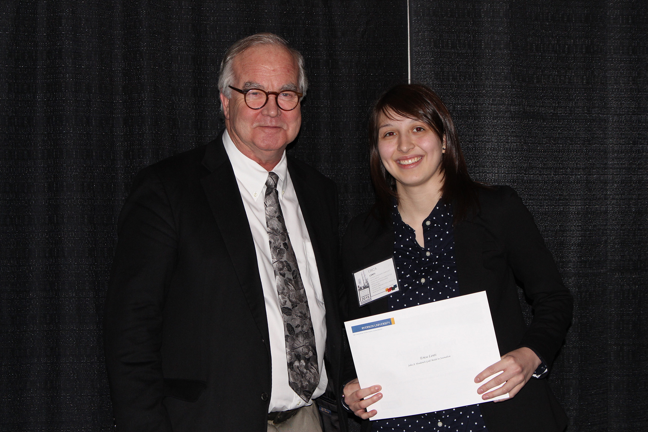 2015 winner Erica Lenti with donor John Cruickshank, publisher, Toronto Star.