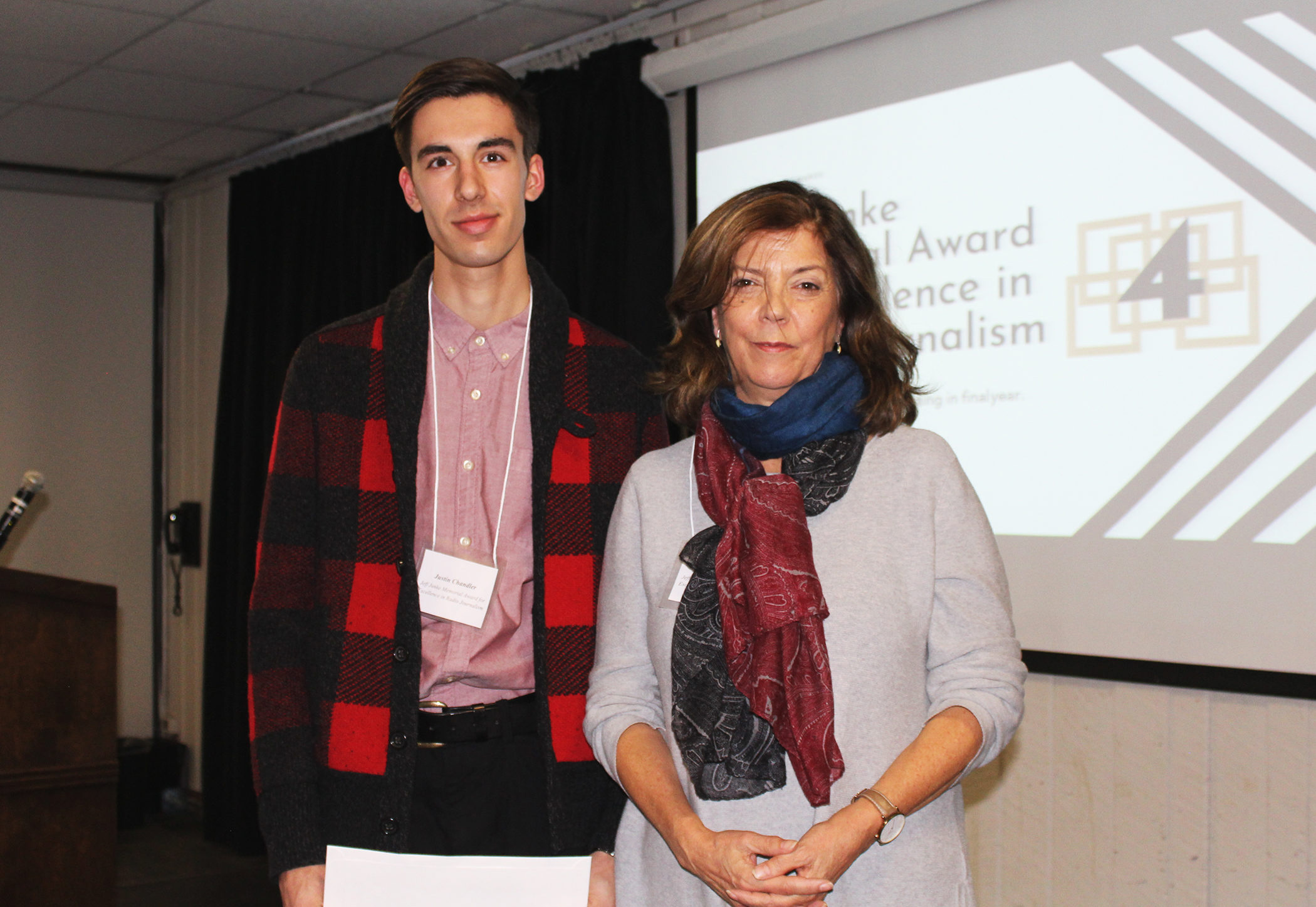 Jeff Junke Memorial Award for Excellence in Radio Journalism recipient Justin Chandler with presenter Cathy Perry.