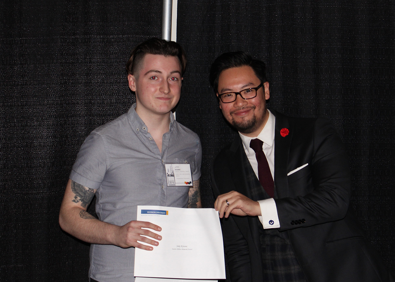 2015 winner Jake Kivanc with Awards committee member Adrian Ma.