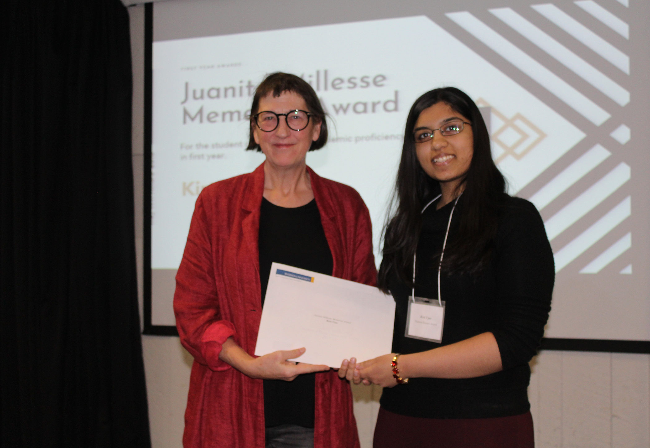 Juanita Millesse Memorial Award recipient Kirti Vyas with Awards Committee Chair Jagg Carr-Locke.