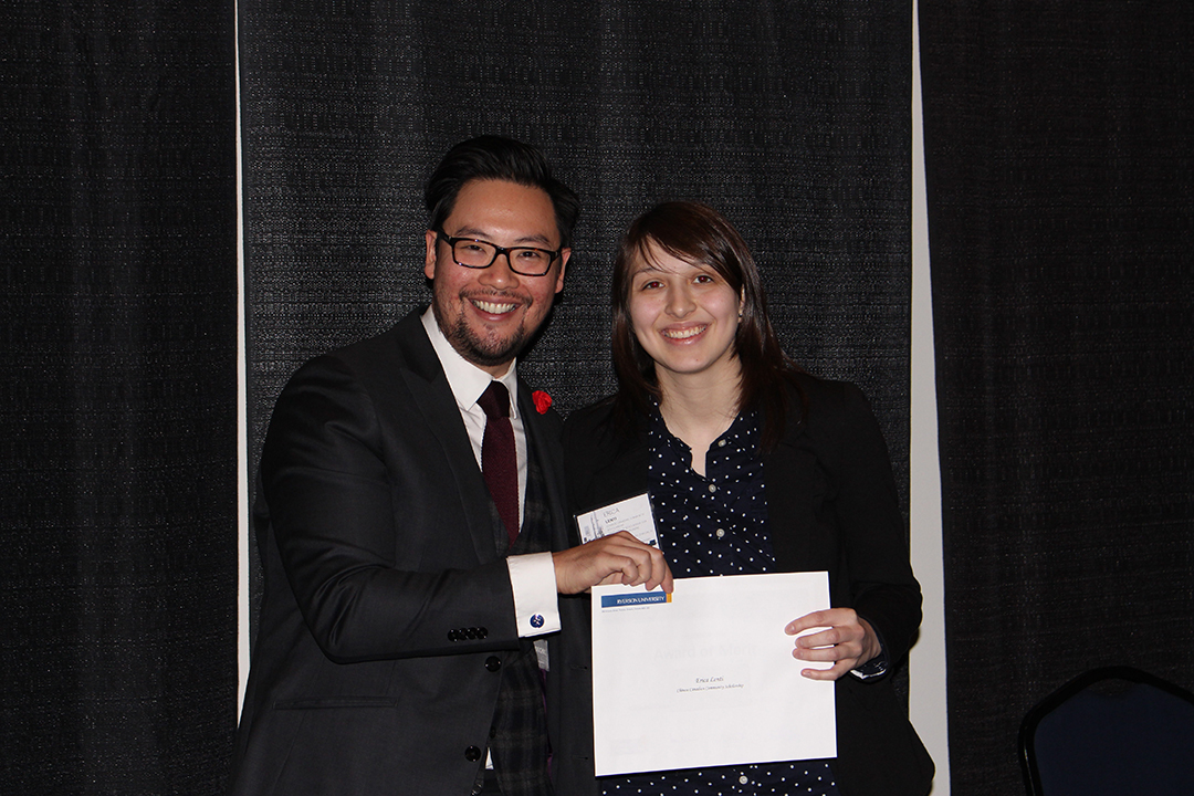 2015 winner Erica Lenti with Awards committee member Adrian Ma.
