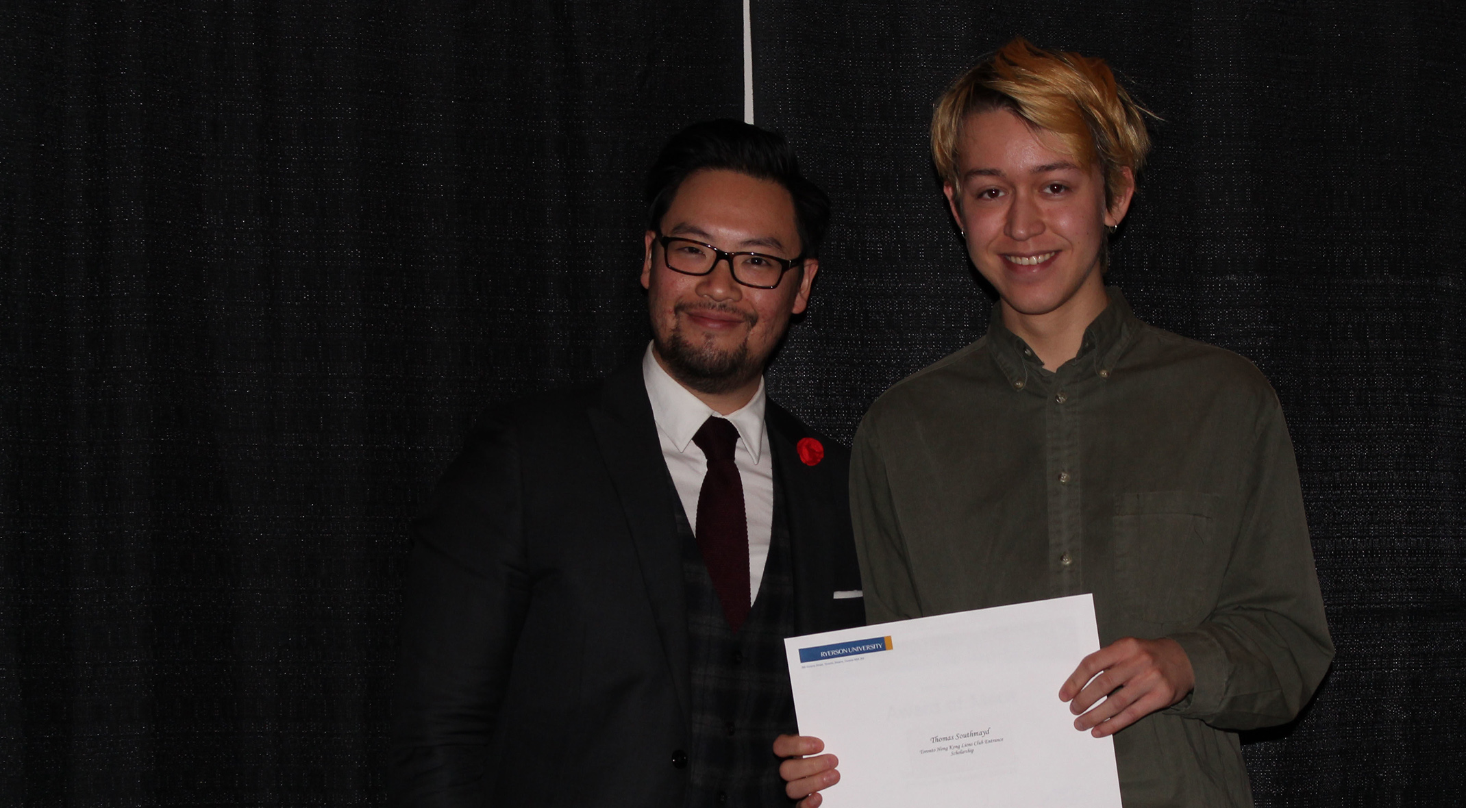 2015 winner Thomas Southmayd with Awards committee member Adrian Ma.