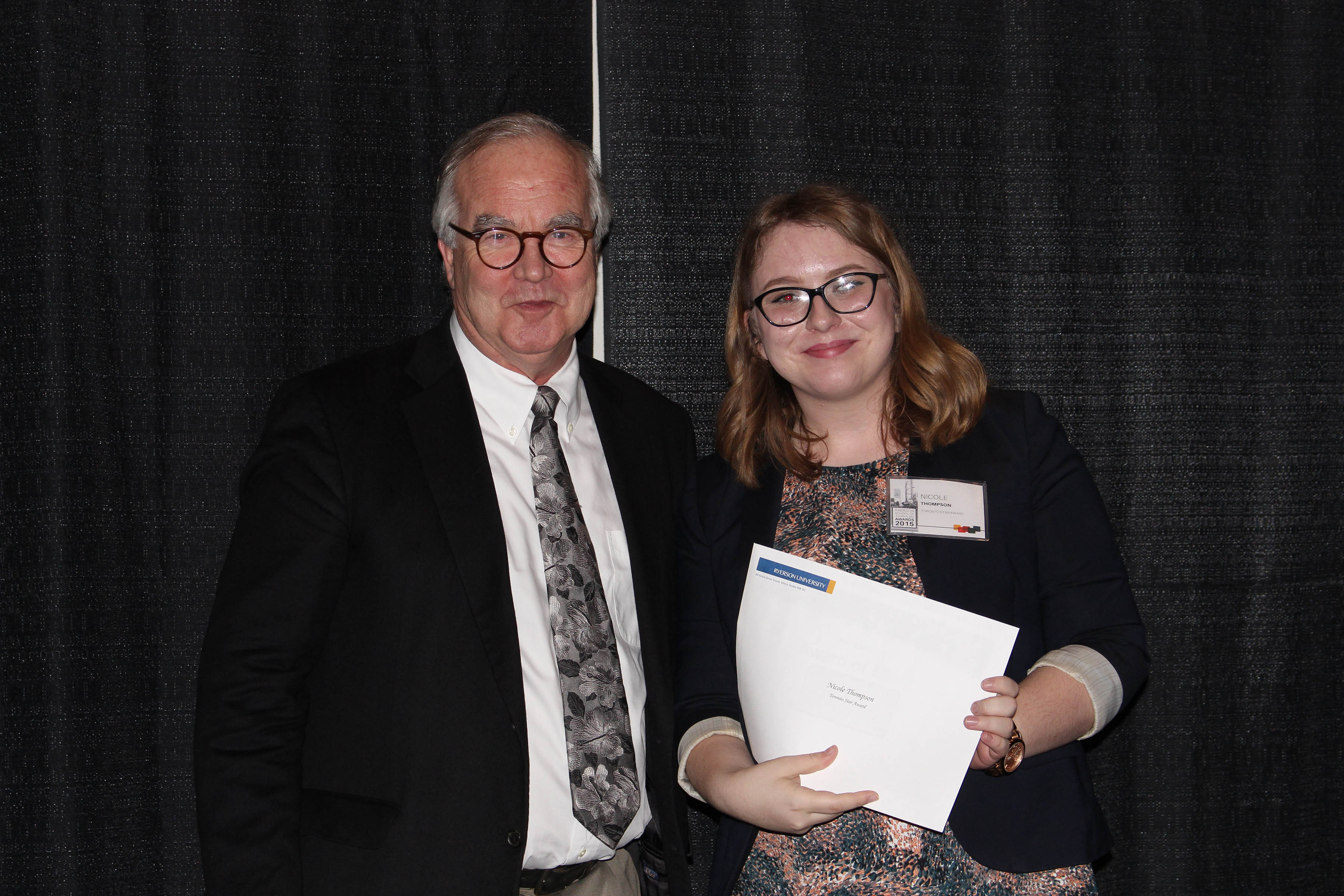 2015 winner Nicole Thompson with donor John Cruickshank, publisher, Toronto Star.