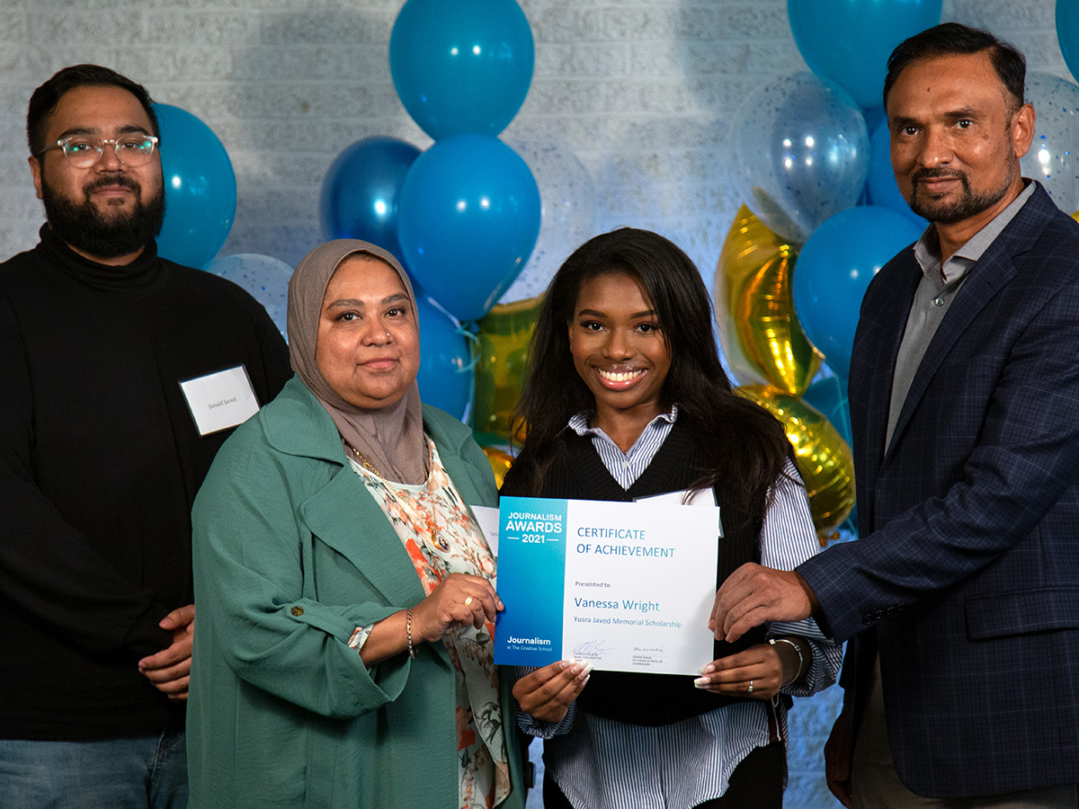 2021 Yusra Javed Memorial Award winner Vanessa Wright (middle) with Yusra's family, brother Junaid Javed and father Mohammad Javed.