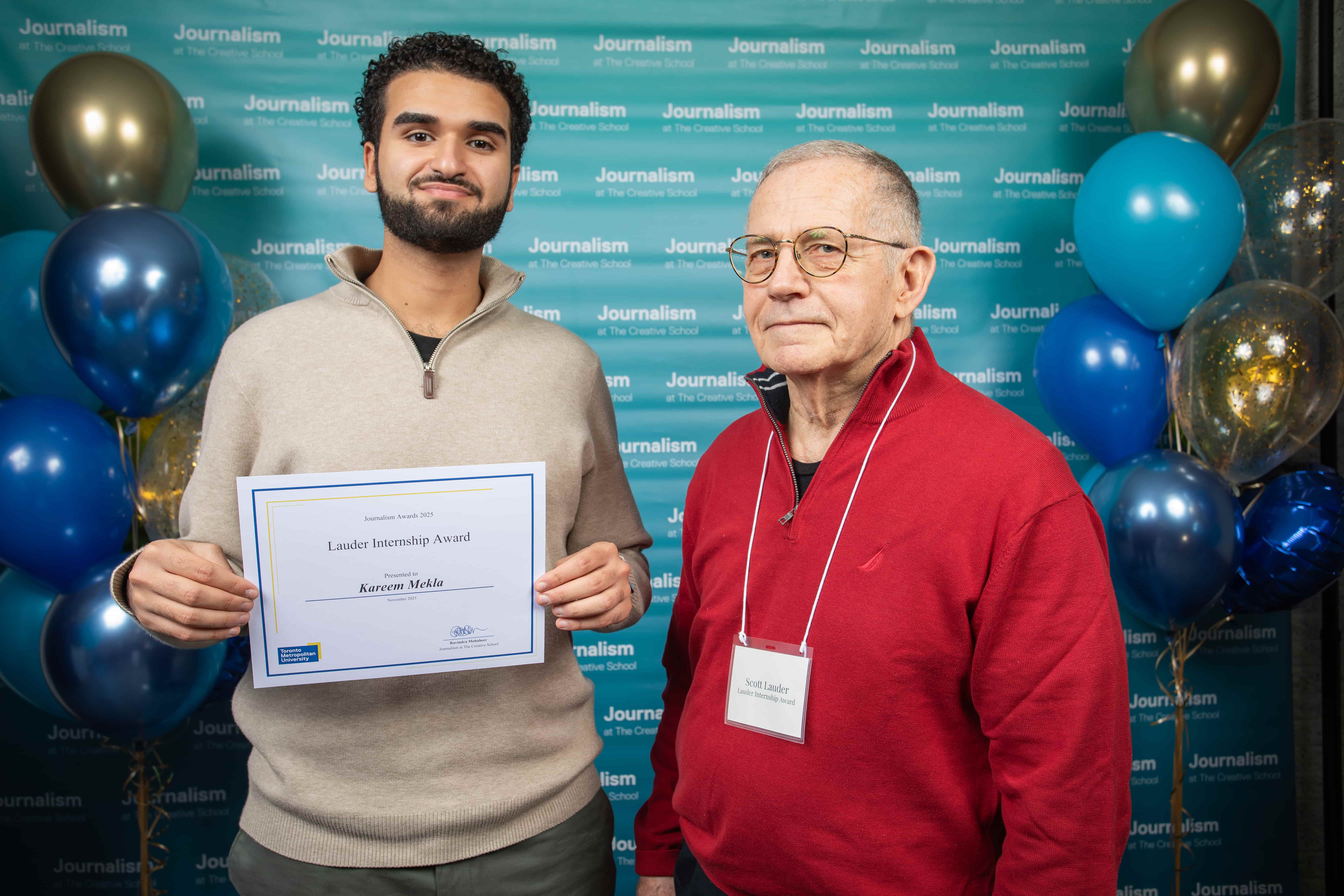 Photo of a person holding their certificate at Journalism School Award ceremony with their donor.