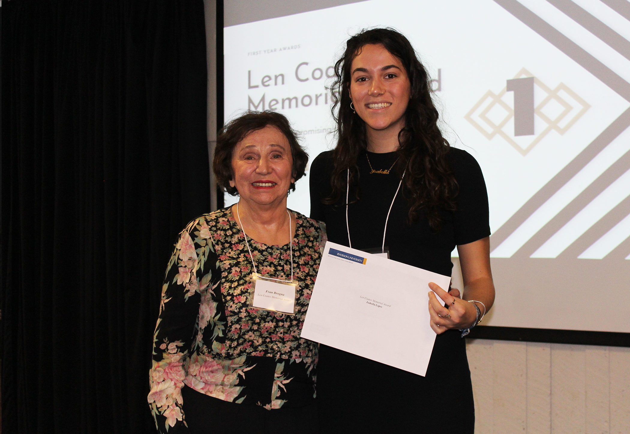 Len Coates Memorial Award presenter Fran Brogna with recipient Isabella Lopes.