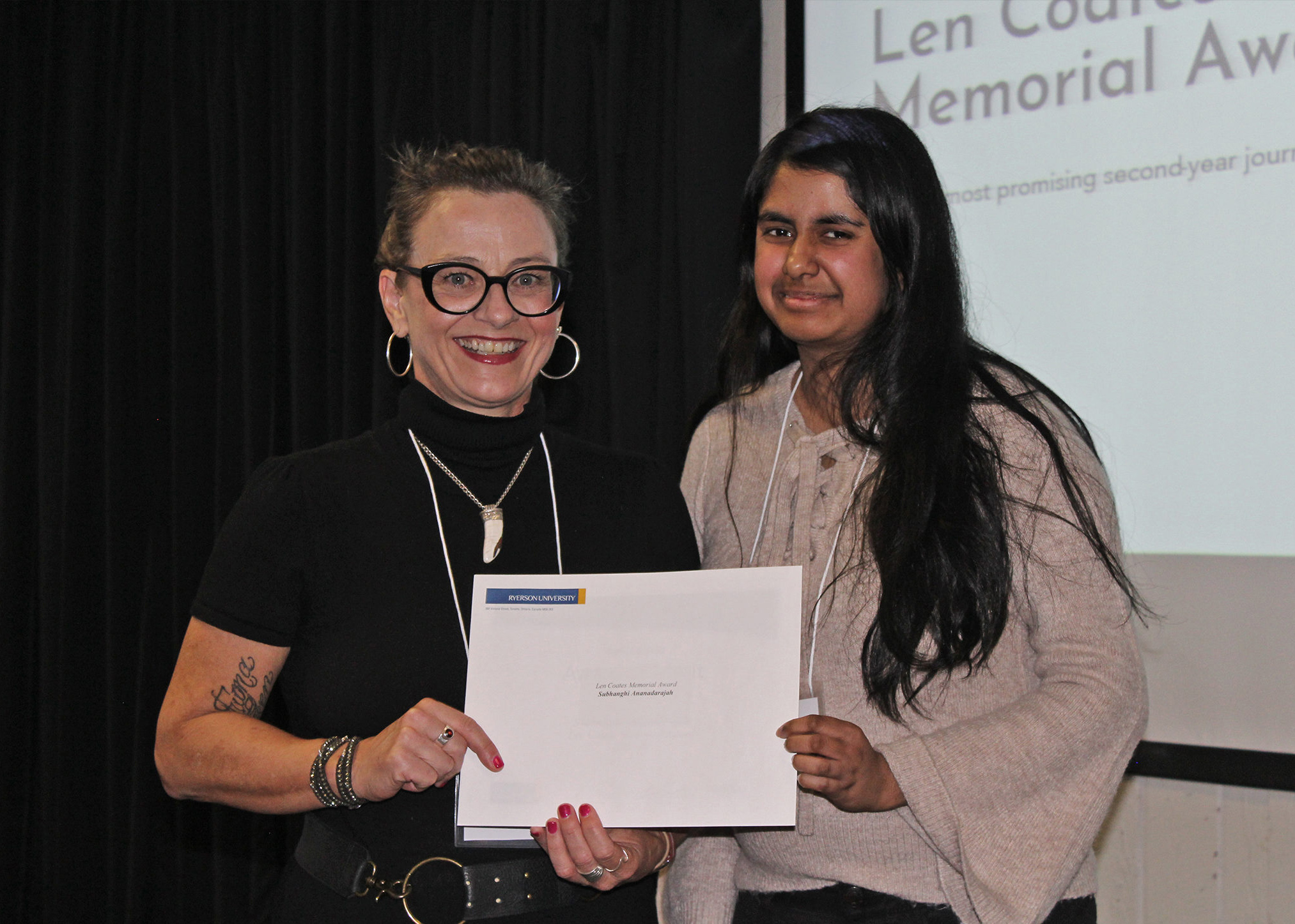 Len Coates Memorial Award presenter Alison Campbell with second-year recipient Subhanghi Ananadarajah.