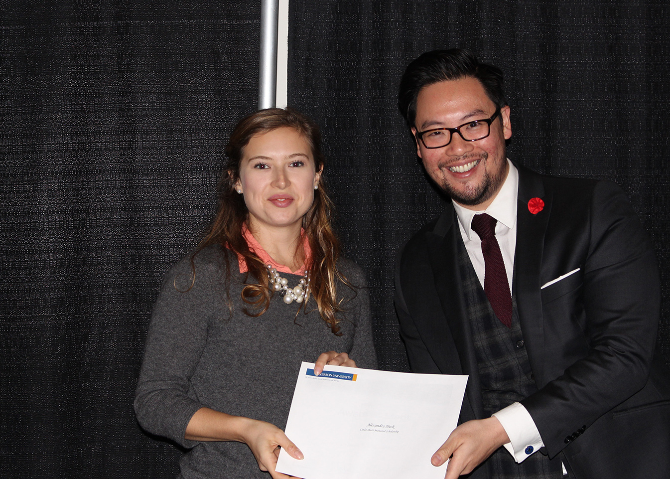 2015 winner Alexandra Heck with Awards committee member Adrian Ma.