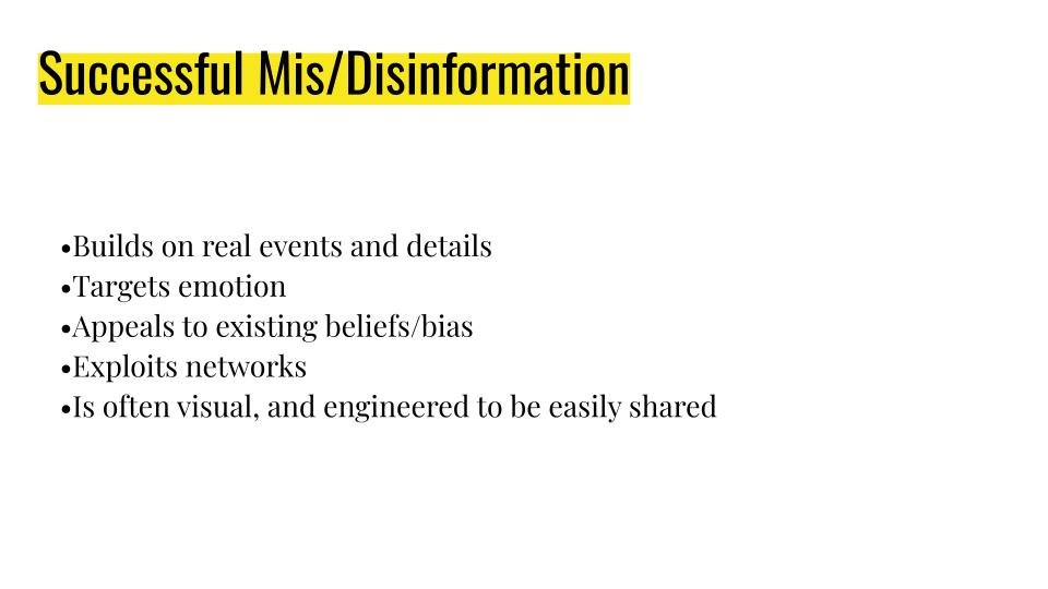 "Successful Mis/Disinformation" title with bullet points below.