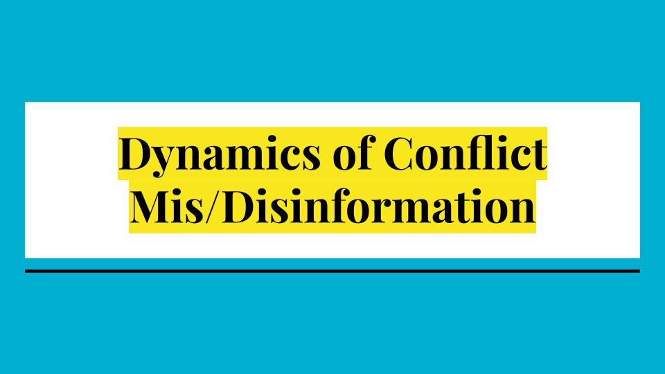 Blue background with text highlighted in yellow in a white box. Text reads "Dynamics of Conflict Mis/Disinformation"