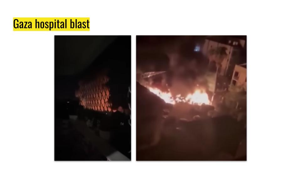 Two photos side by side of Gaza hospital blast.