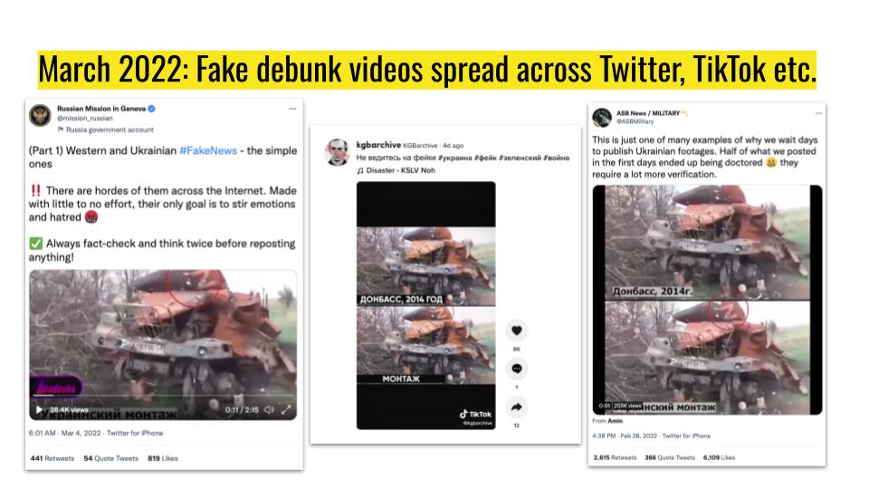 Three tweets side by side of fake videos from Twitter.