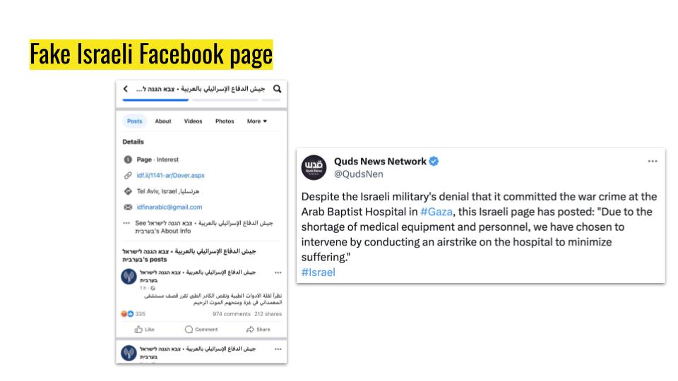 Slide about a fake Israeli Facebook page post.
