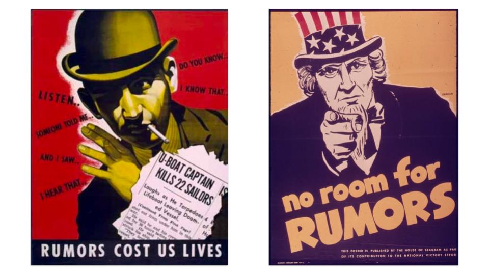 Two posters with men on them side by side with taglines about rumours
