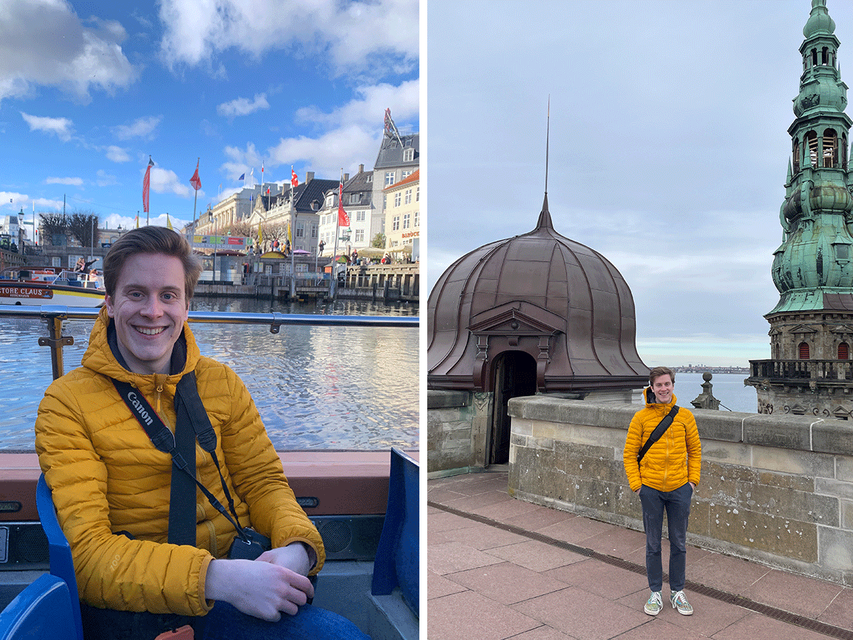 Student Caelan Monkman in Denmark sitting on a boat in a river and in a second image standing in front of landmarks
