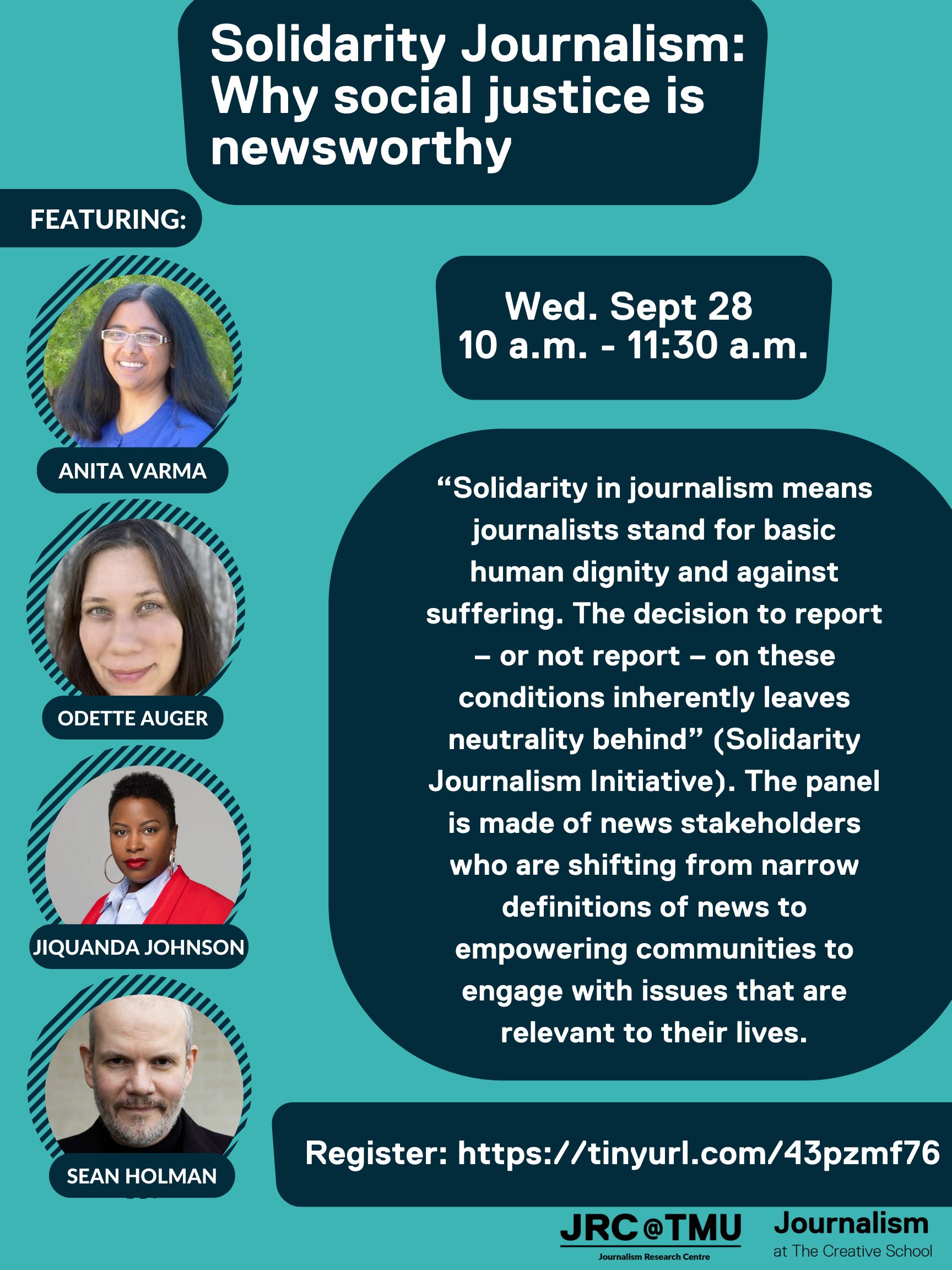 “Solidarity in journalism means journalists stand for basic human dignity and against suffering. The decision to report – or not report – on these conditions inherently leaves neutrality behind” (Solidarity Journalism Initiative). Journalism scholar Anita Varma (University of Texas at Austin), who first identified the concept of Solidarity Journalism, leads this discussion with news stakeholders from Canada and the U.S. who are shifting the paradigm from narrow definitions of news to information that empowers communities to engage with issues that are relevant to their lives. Among the changemakers joining Dr. Varma are Jiquanda Johnson (Brown Media Impact Group), Sean Holman (Climate Disaster Project), Odette Auger (IndigiNews).