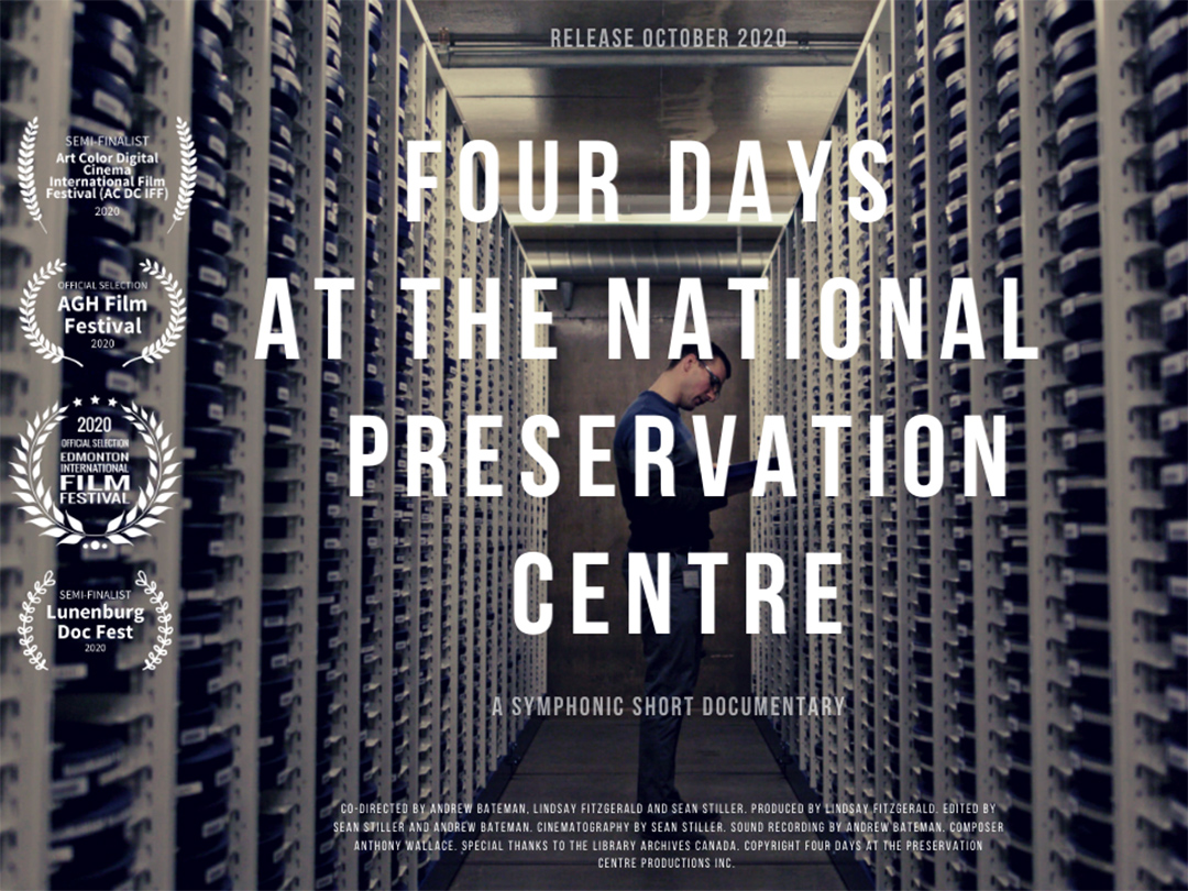 Poster for Four Days at the National Preservation Centre, which shows racks of archival footage. 