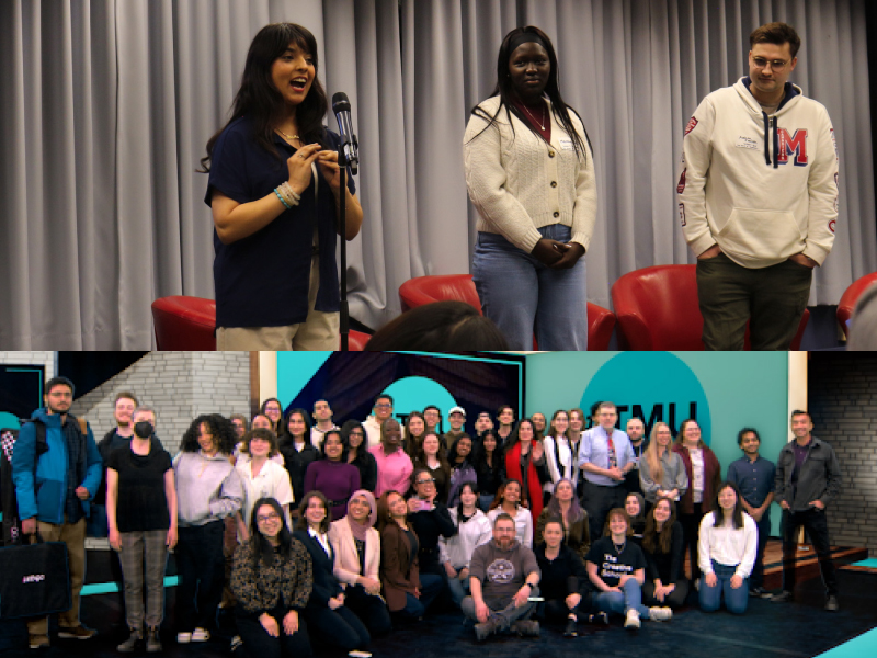 A split screen image, the top has three people stand next together on a raised platform while one speaks into a microphone the bottom image is a crowd of people looking into the camera.