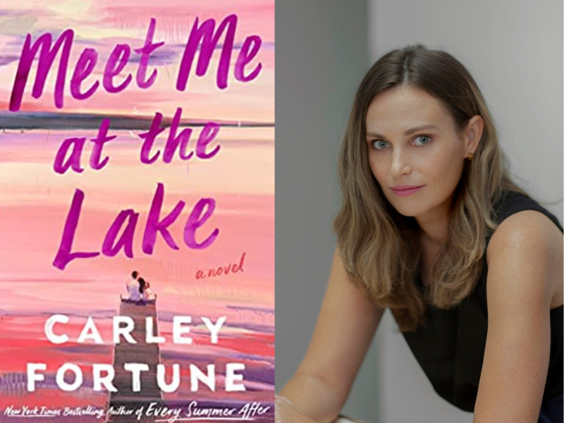 Book cover page of two people sitting at the end of a dock with a pink sunset on a lake and headshot of author Carley Fortune.