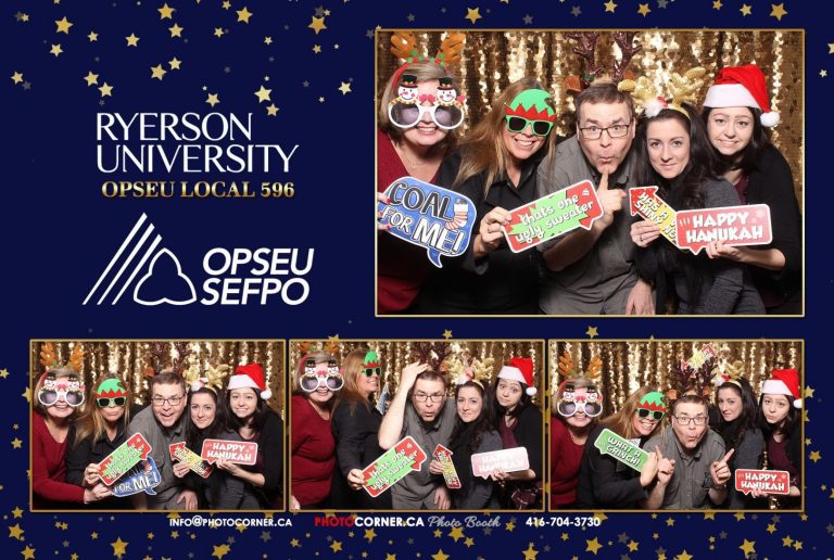 Angela Glover, Lesley Salvadori, Gary GOuld, Lindsay Hanna, Sally Goldberg Powell posing for photos at the OPSEU christmas party