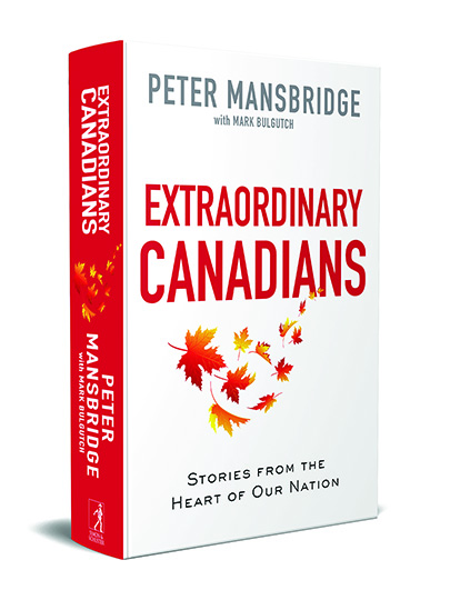 The cover of Peter Mansbridge and Mark Bulgutch's book: "Extraordinary Canadians." The title is in red with a swirl of maple leaves below it.