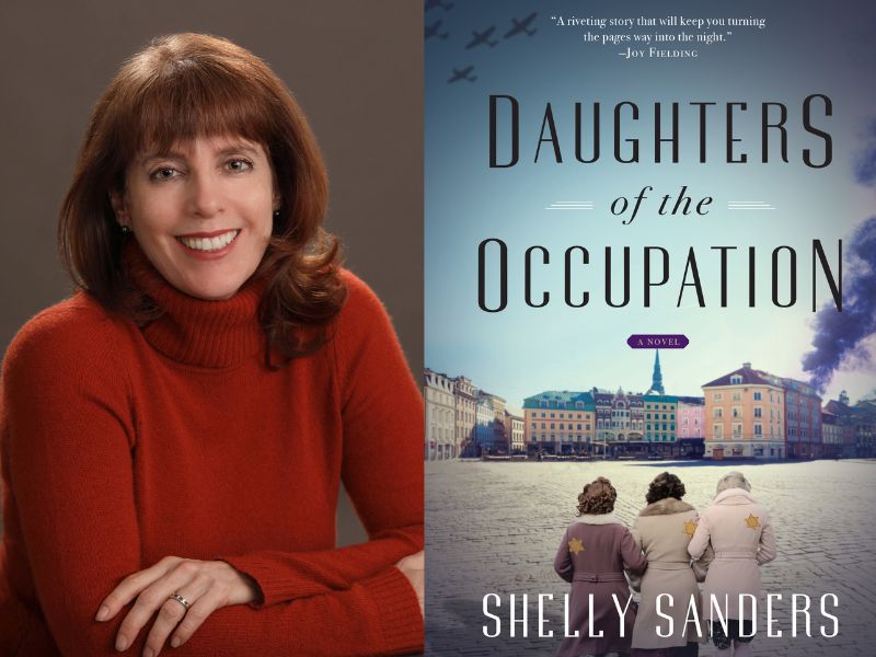 Headshot of alumna Shelly Sanders and her book cover for Daughters of the Occupation, which features the backs of three women walking into a town square in Riga. 