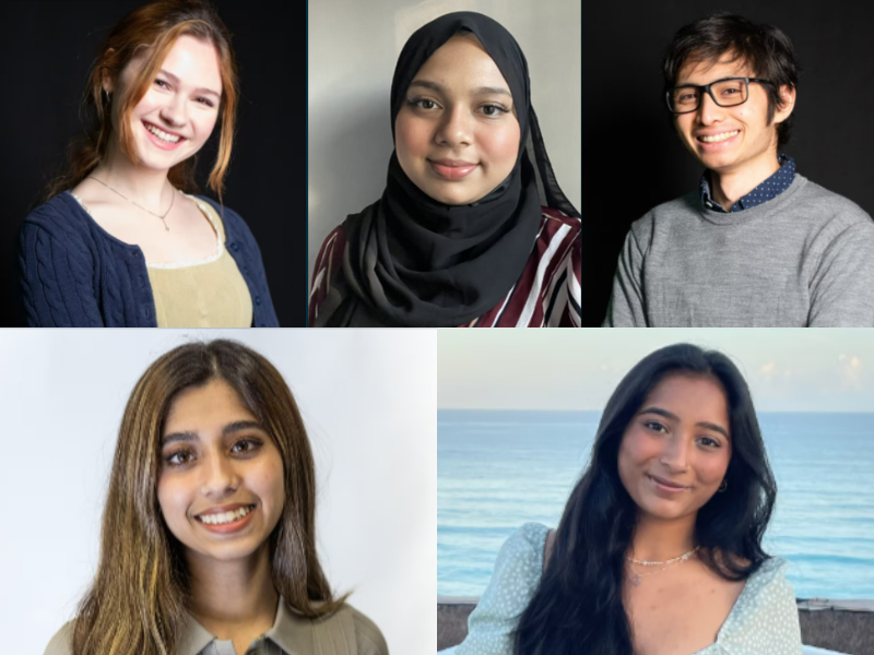Scholars pictured from left to right, Aloysius Wong, Nishat Chowdhury, Prapti Bamaniya, Rachel DeGasperis and Racy Rafique.