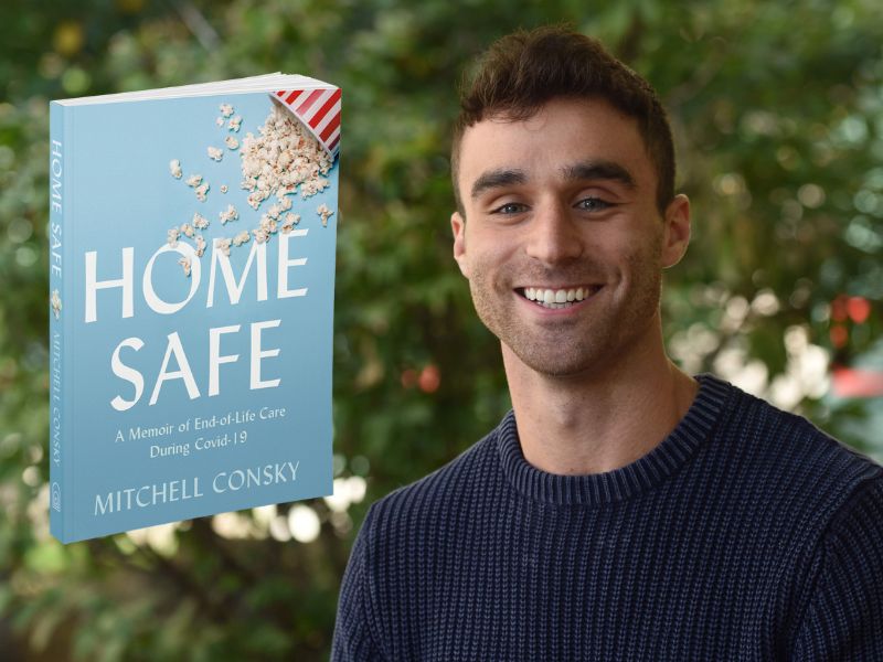Headshot of alum Mitchell Consky, author of “Home Safe,” with the cover of his book beside him. 