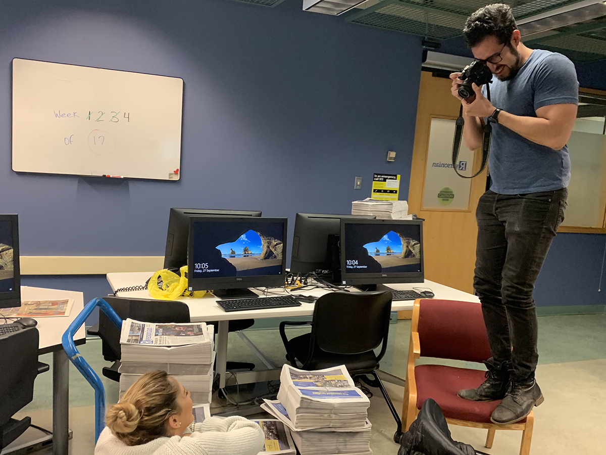 Kevin Taghabon and Maria Sarrouh in the On the Record newsroom circa 2019 / photo via Leah Borts-Kuperman