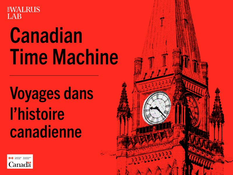 Promo image for the podcast Canadian Time Machine, with an stylized orange image of the clock tower of the Houses of Parliament.