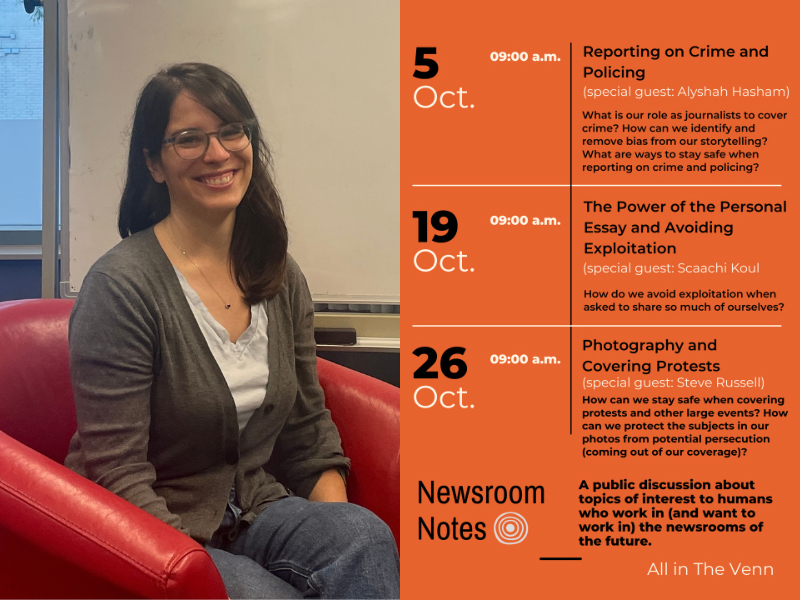 Erin Sylvestar at the Oct. 21 Newsroom notes event and an orange poster listing the Oct. speaker lineup. 