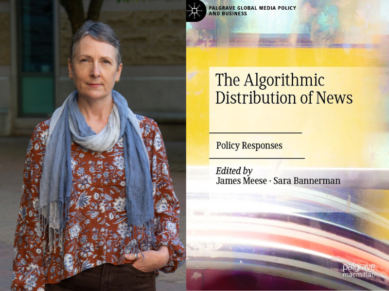 Prof Nicole Blanchett with the cover art of "The Algorithmic Distribution of News"