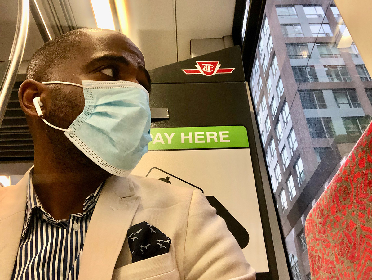 Instead of taking a plane or bus to get to campaign stops, CBC National reporter David Thurton rides a TTC streetcar from a Green party campaign even on Aug, 16, 2021.