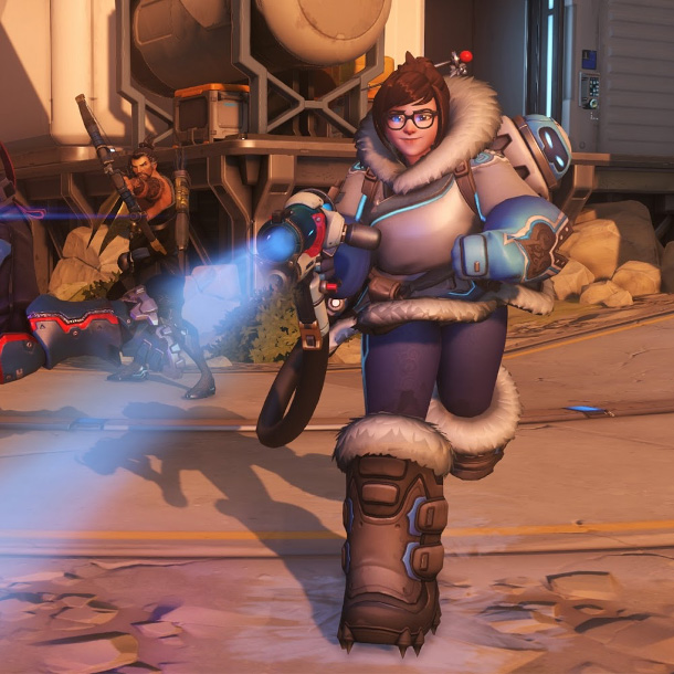 A screenshot from a video game of a character with a gun running through a street