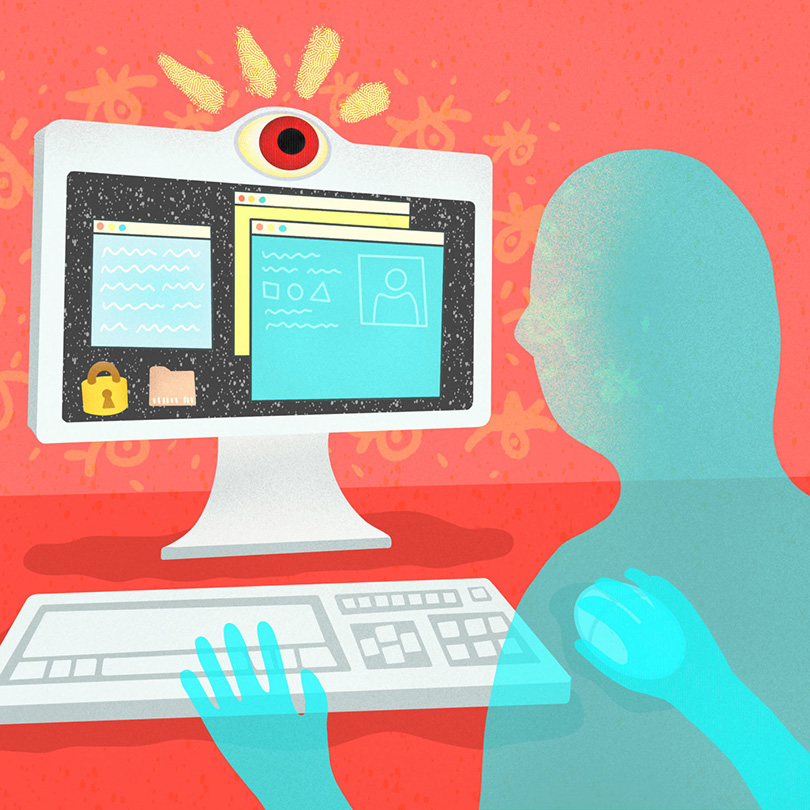 Illustration of a student's computer watching them as they take an exam