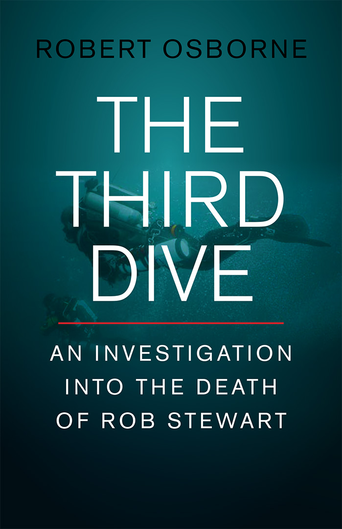 Cover image of "The Third Dive," which depicts two divers diving into water that is getting darker. 