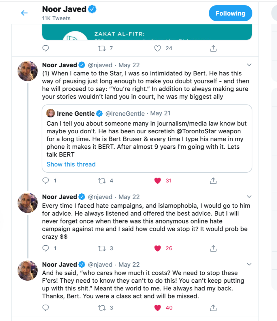 A screen shot of the reaction from Noor Javed when Bert retired. 