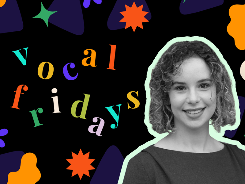 Graphic for Vocal Fridays, Vocal Fry Studio's newsletter, with a picture of Michal Stein in black and white. 