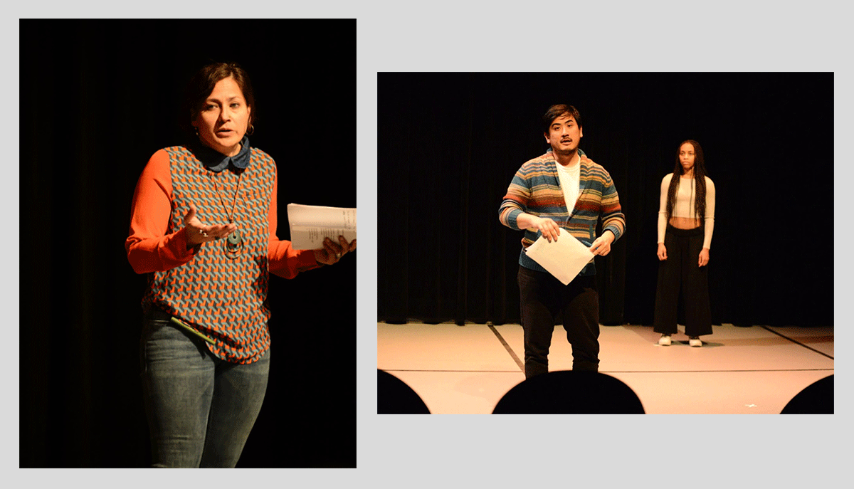 Assistant professor, Sonya Fatah, founder of Talk Media, Adam Chen and TMU School of Performance student, Janeyce Guerrier performing Harmed in Hamilton 